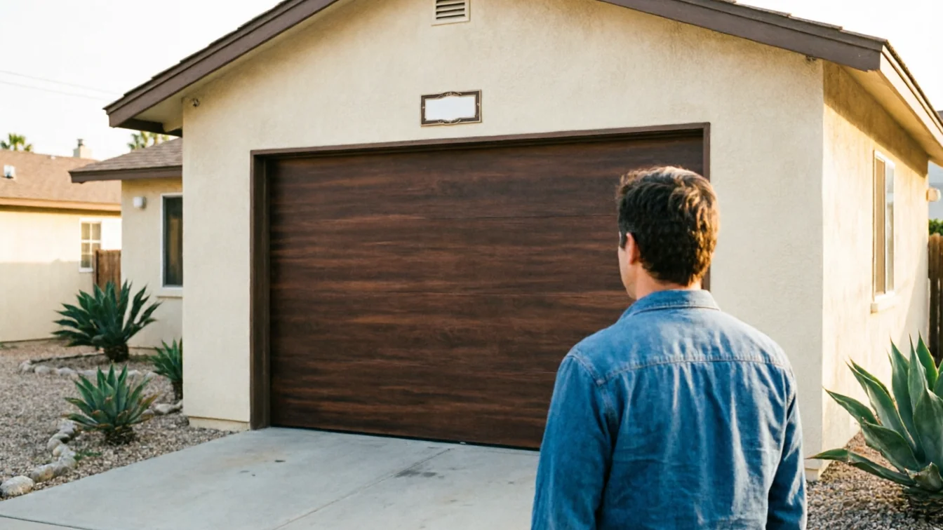 A man in a denim shirt stands facing a dark wood garage door.