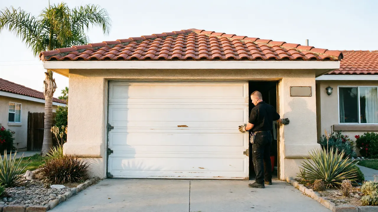 A technician in a black shirt is working on a white garage door.
