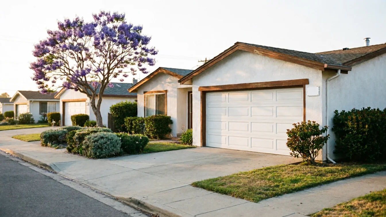 A row of houses with white garage doors and a purple flowering tree.