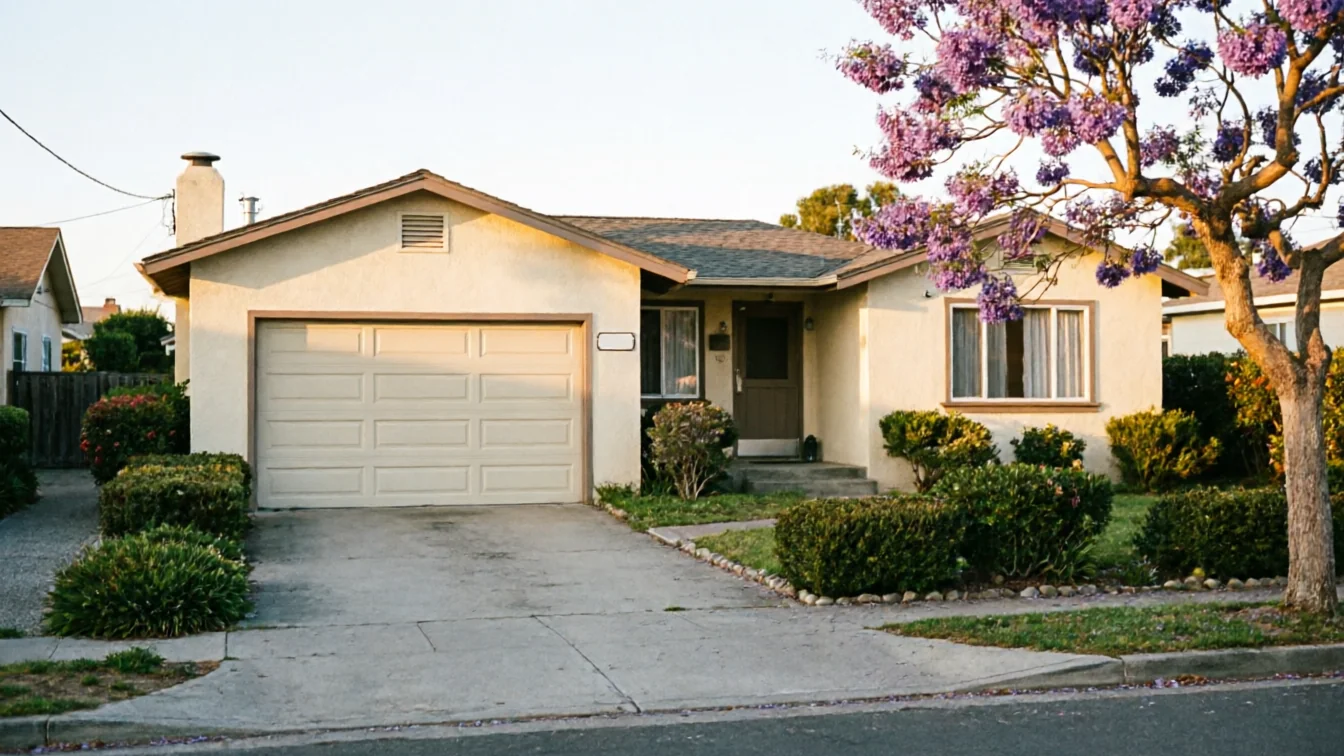 A beige house with a single garage door and a purple flowering tree in the foreground.