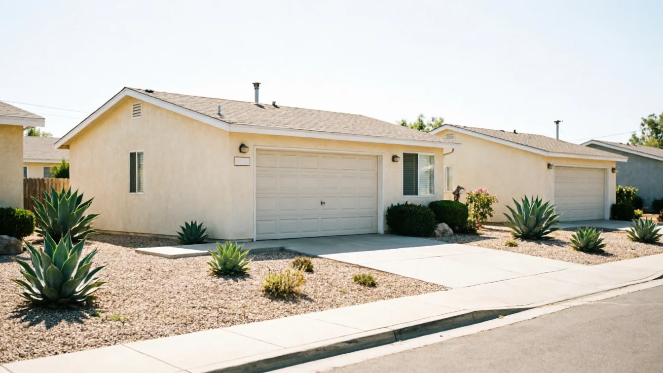 The house has a beige garage door, a driveway, and desert landscaping.