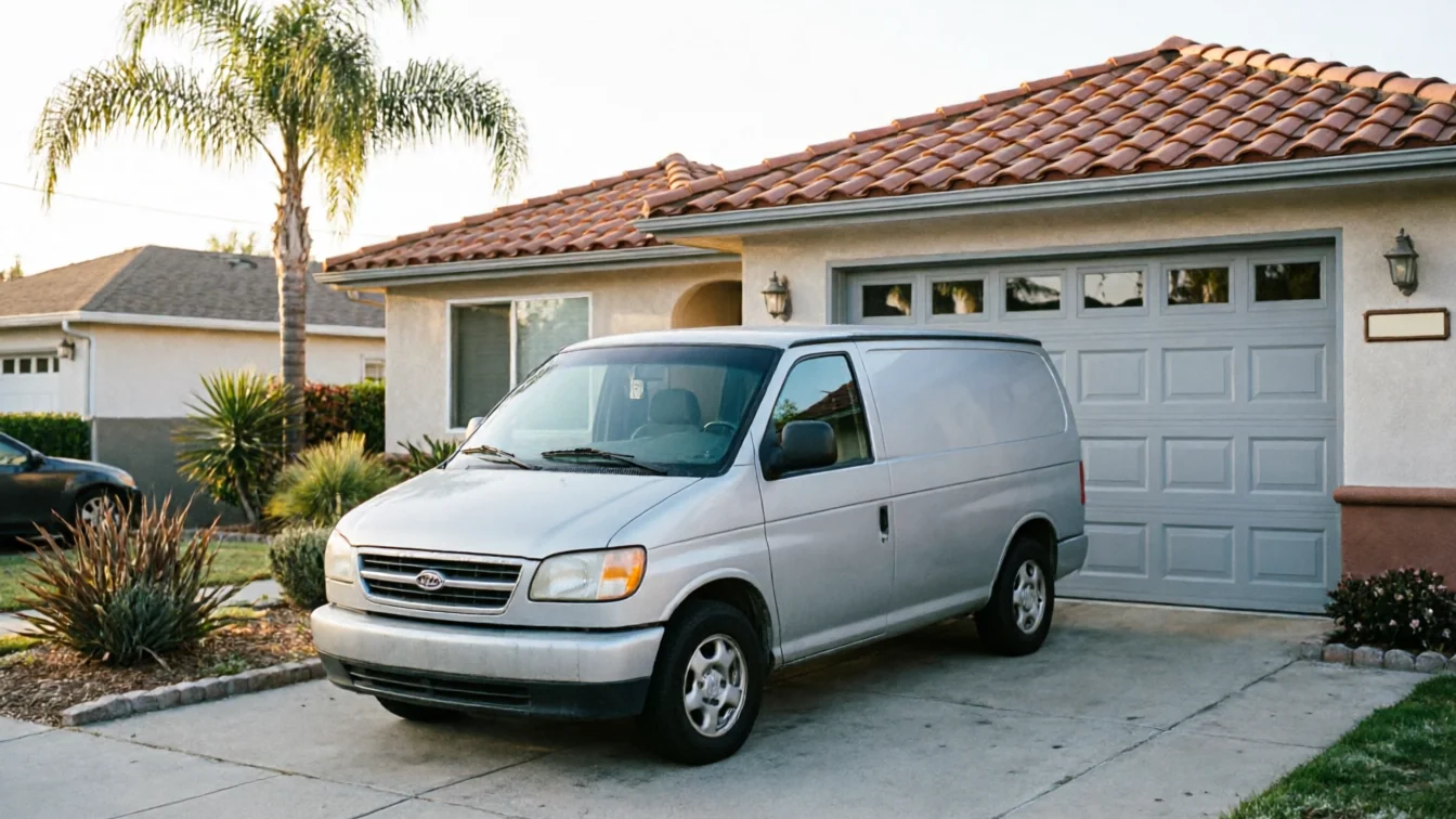A silver van is parked in a driveway in front of a house with a gray garage door.