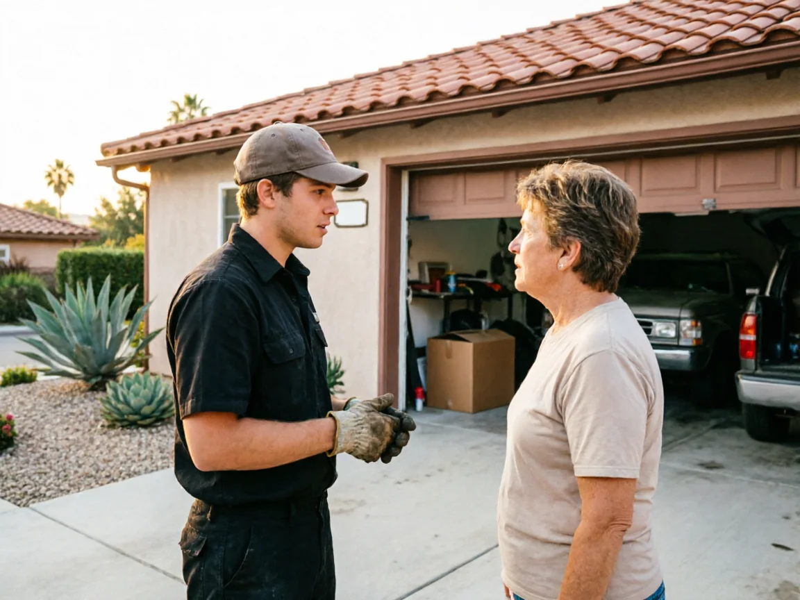 A technician in a cap and work gloves talks to a woman in front of a garage.