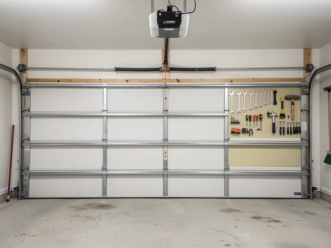 A white garage door is closed with a pegboard of tools on the right.