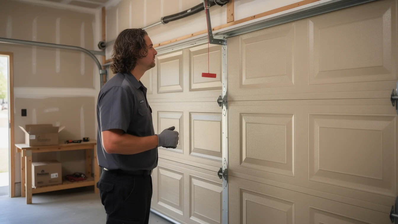 A technician in a gray shirt and gloves stands next to a beige garage door.