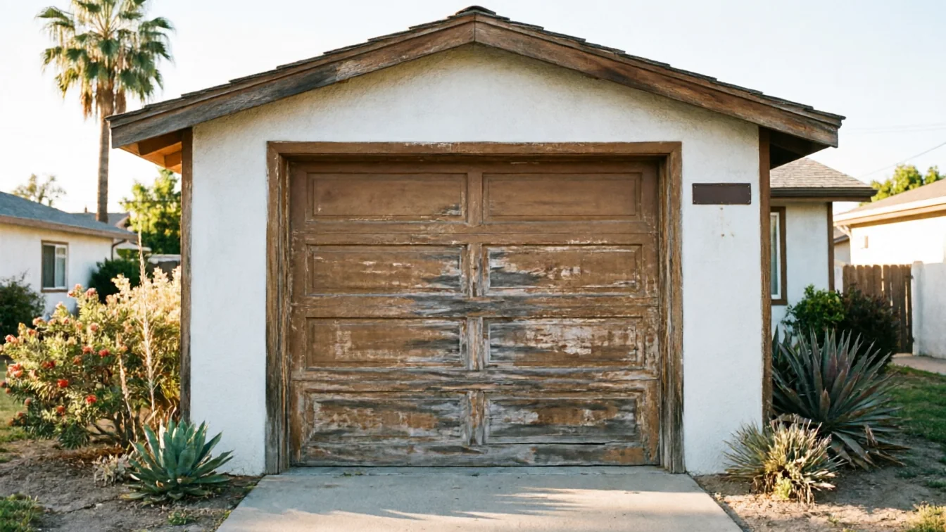 A weathered brown garage door with peeling paint on a white stucco garage.