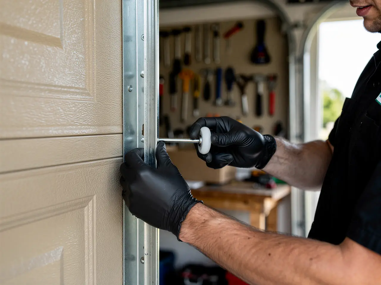 A technician wearing black gloves installs a roller into a tan garage door track.