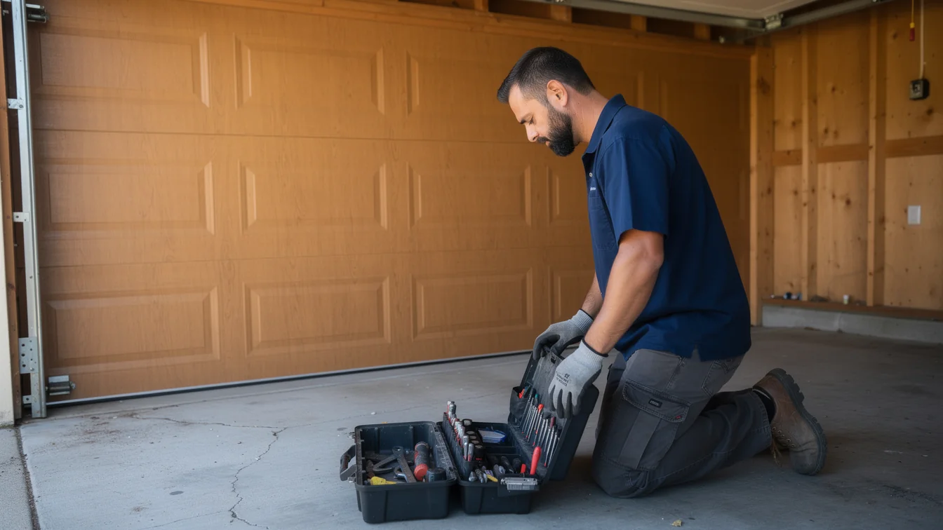 A technician kneels on a concrete garage floor, looking into an open toolbox.