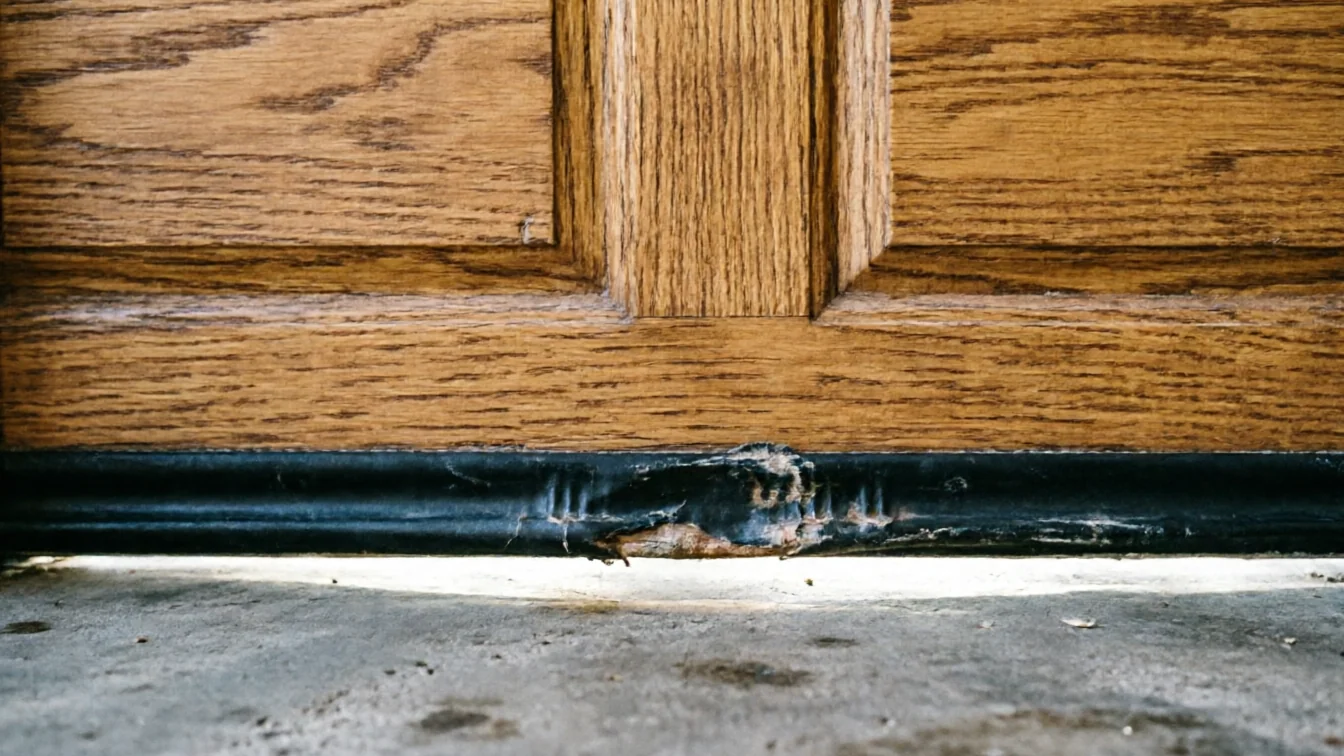 The bottom of a wooden garage door has a damaged weather seal.