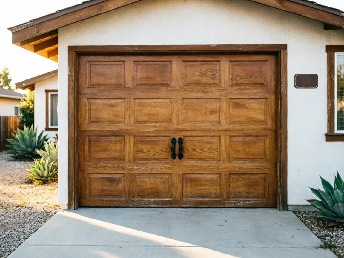 The garage door is made of wood panels with decorative black handles.